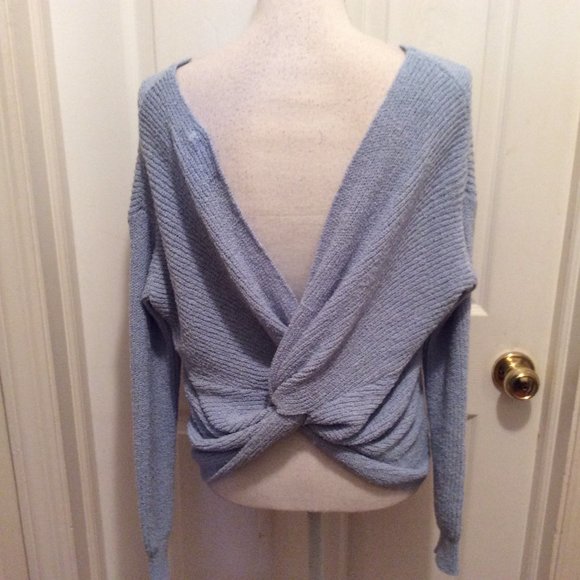 Line & Dot Sweater MP Light Blue Deep Twist Crossover Neck Long Sleeve - Picture 5 of 7